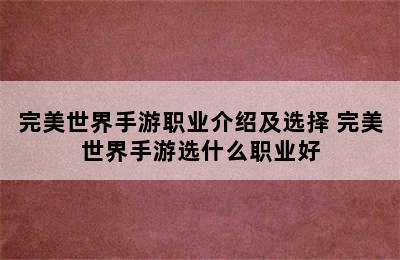 完美世界手游职业介绍及选择 完美世界手游选什么职业好